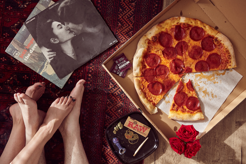 couple spending valentine's day with pizza, sex and cannabis